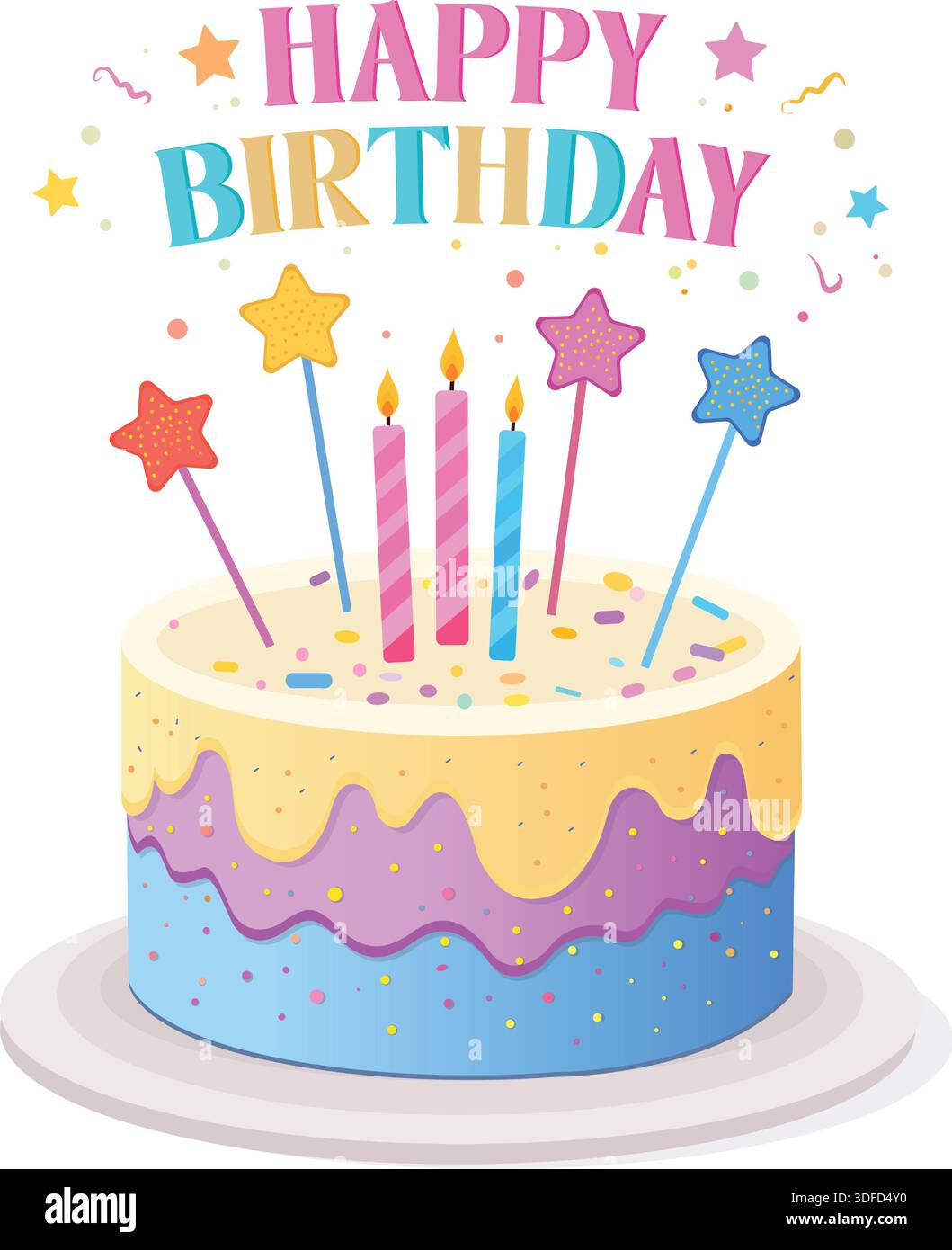 Illustration de gâteau joyeux anniversaire avec des bougies, des étoiles et festif coloré Illustration de Vecteur