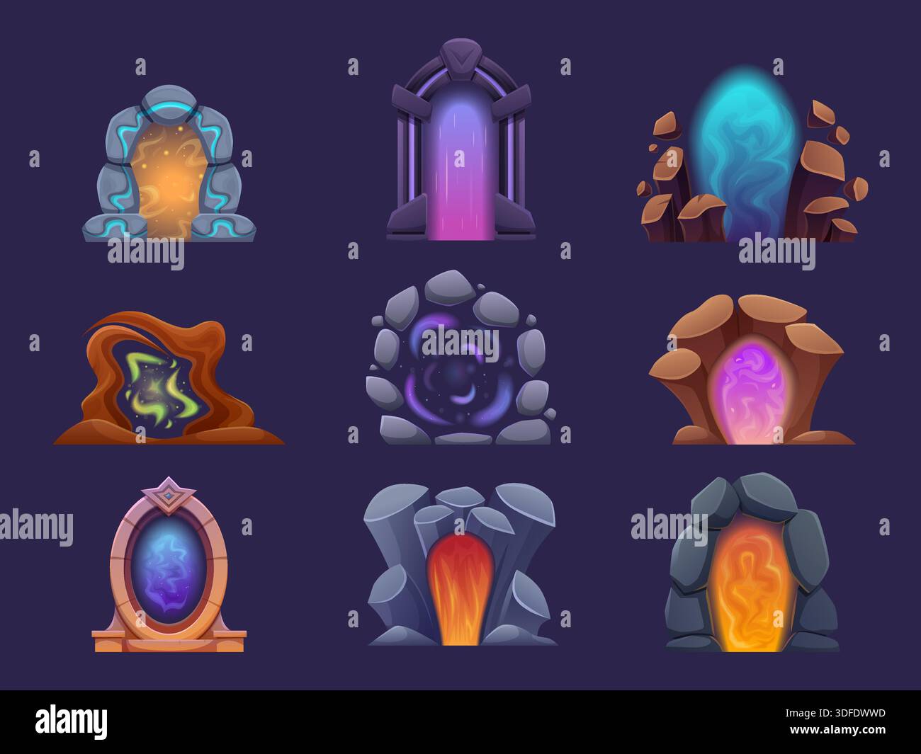 Portails magiques fantastiques. Portes de jeu brillantes, téléportages avec des arches de pierres. Entrées futuristes pour extraterrestres, dans d'autres mondes ou dimensions sapid Illustration de Vecteur