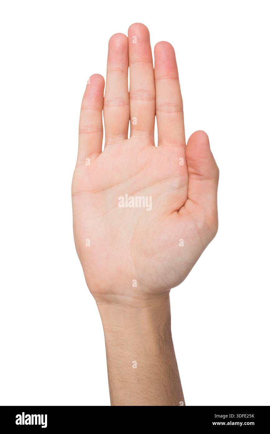 Prenez cinq gestes, paume ouverte tendue isolée sur blanc Banque D'Images
