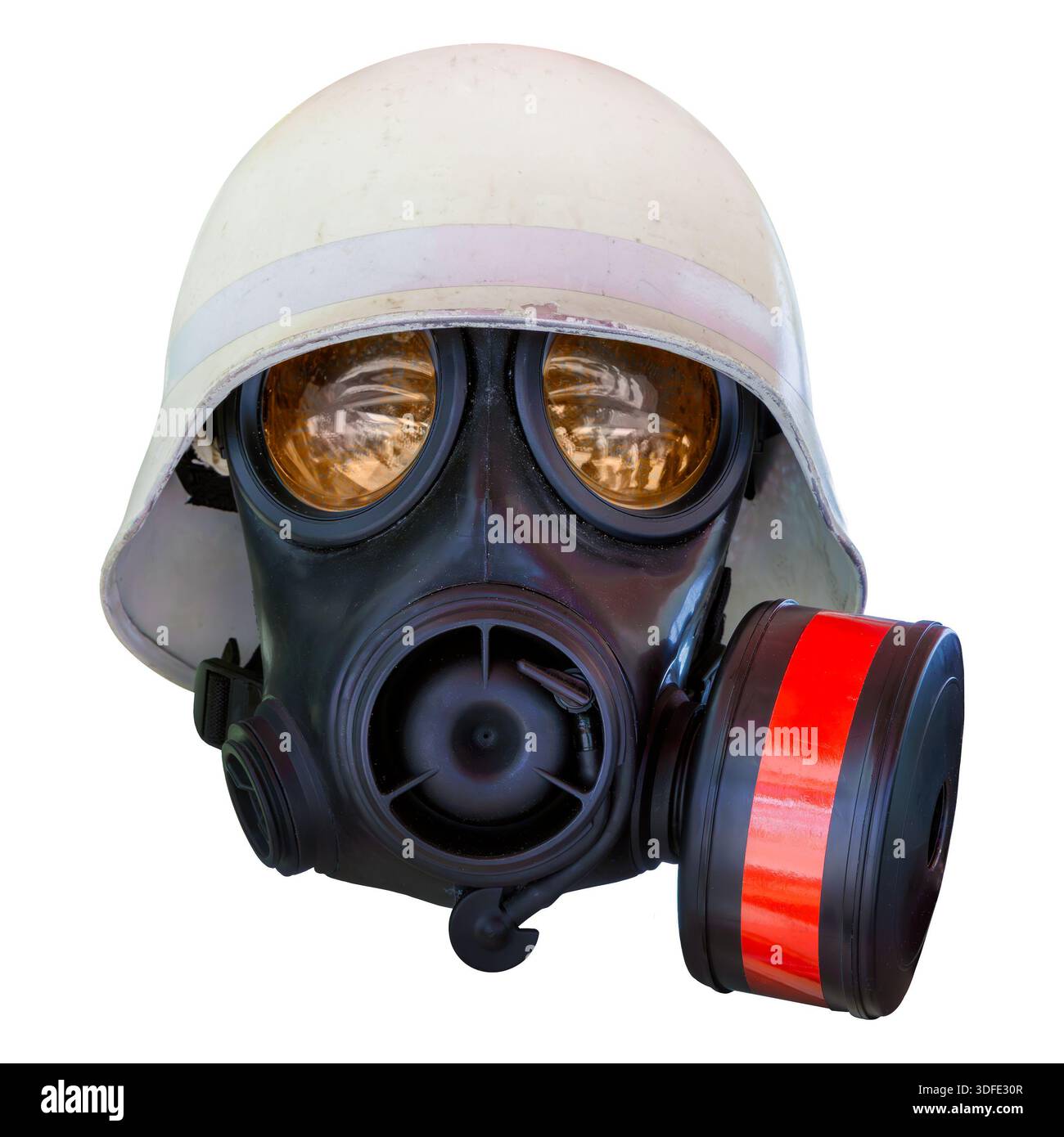 Masque à gaz vintage avec casque blanc isolé sur un fond blanc Banque D'Images