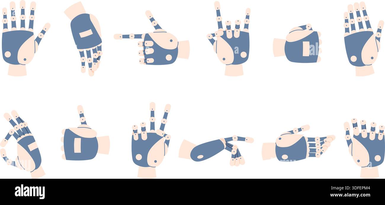 Mains de robot. Main robotique différentes positions et gestes. Armes technologiques pour poignée de main, pointage, comptage. Prothèse médicale futuriste, récente Illustration de Vecteur
