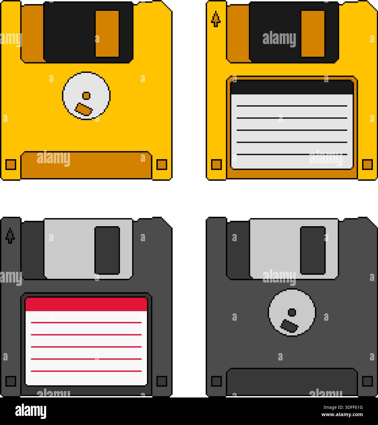 Collection de disquettes Pixel art. Disquettes noires et jaunes vues avant et arrière Illustration de Vecteur