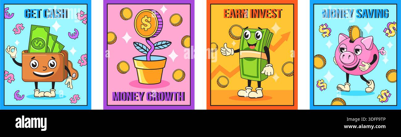 Affiches d'argent vintage. Mascottes de finance de dessin animé, concept d'alphabétisation de monnaie financière en argent comptant de portefeuille y2k cartes rétro groovy personnages drôles doodle autocollants, illustration vectorielle soignée illustration originale Illustration de Vecteur