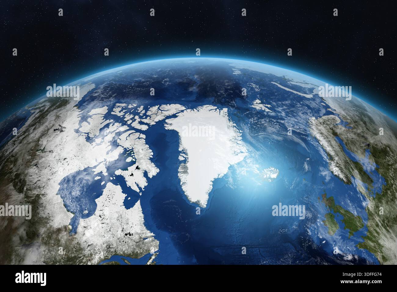 Planète Terre vue de l'espace. Groenland, Islande, Canada, États-Unis, Europe, Danemark, Royaume-Uni, Irlande, Norvège, Suède. Éléments de cette image fournis par la NASA. Banque D'Images