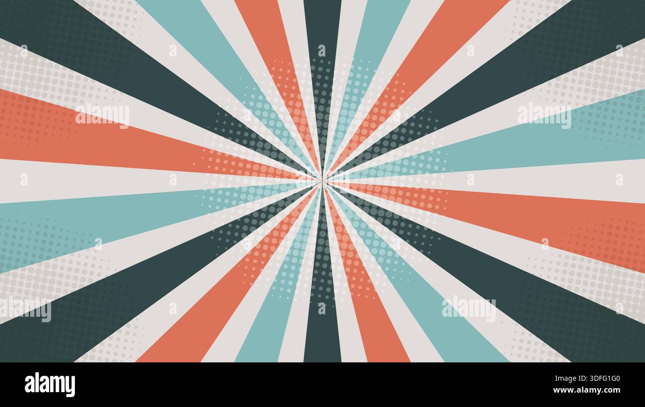 Un fond horizontal rétro de lumière du soleil avec un motif de rayons étoiles colorés en rouge sarcelle et crème avec une texture grunge en demi-teinte vieillie. Illustration de Vecteur