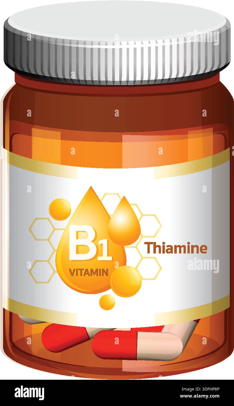 Bouteille de pilule ambre avec étiquette de vitamine B1 thiamine, capsules rouges, style d'illustration vectorielle propre Illustration de Vecteur