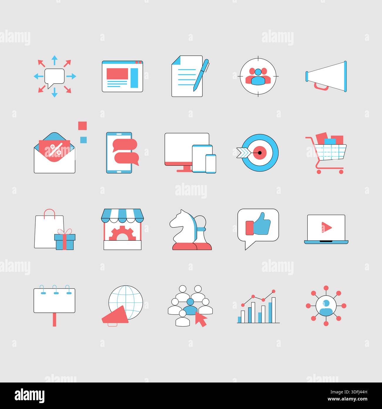 Collection de diverses icônes d'affaires et de médias sociaux dans des couleurs rouge bleu et blanc Illustration de Vecteur
