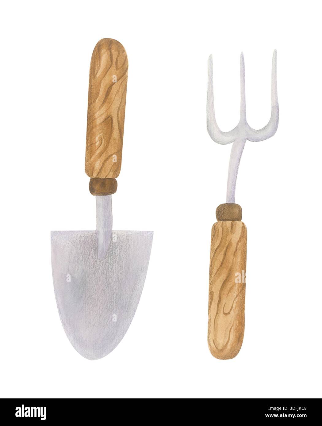 Outils de jardinage aquarelle clipart set pour la conception de cottagecore. Truelle dessinée à la main et fourchette de jardin dans le style naïf isolé sur blanc. Banque D'Images