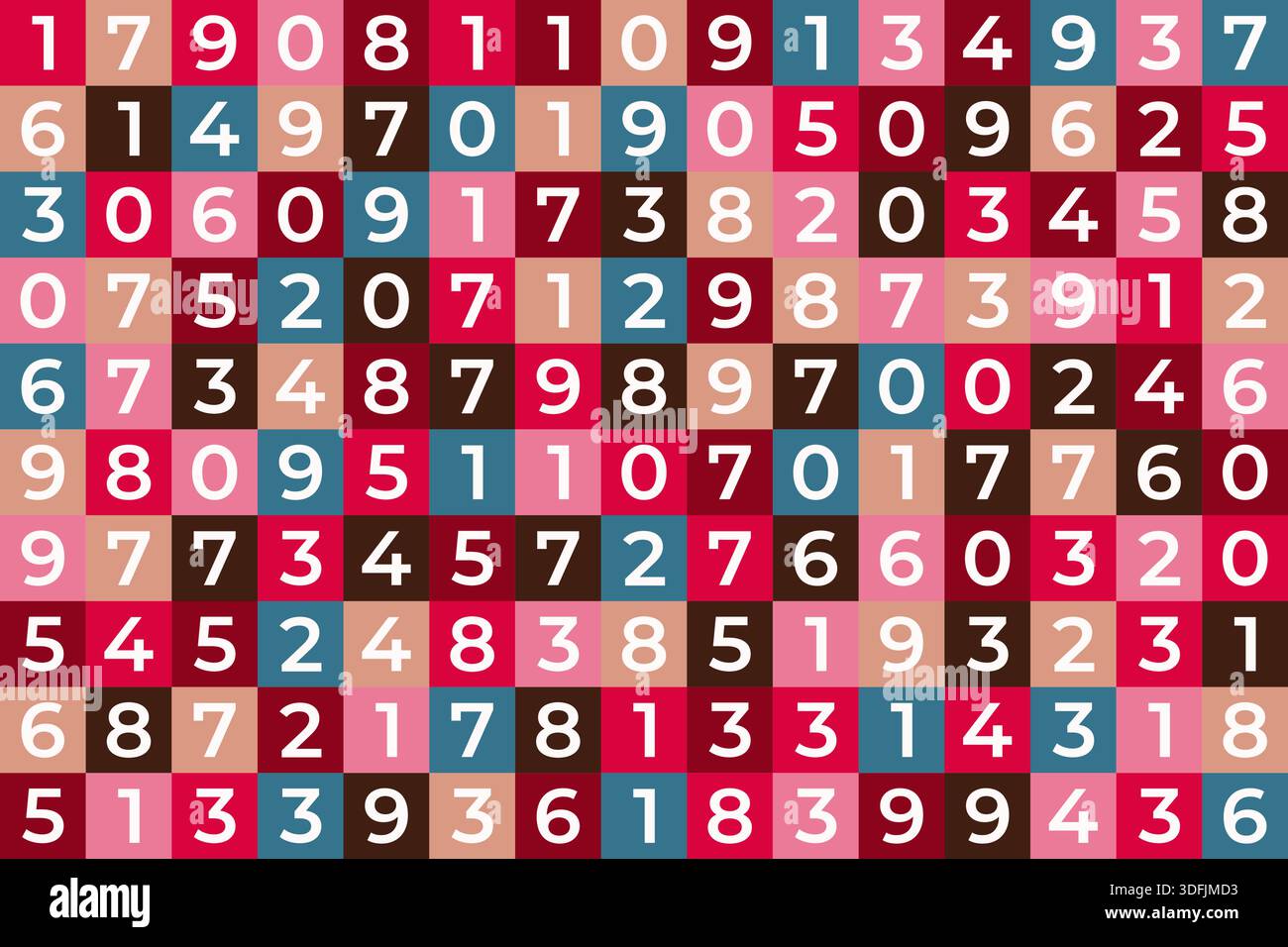 Nombres sur une grille rouge sans couture de carrés multicolores contenant chacun des chiffres de 0 à 9, pour le matériel éducatif, les milieux ludiques, l'école et le K. Illustration de Vecteur