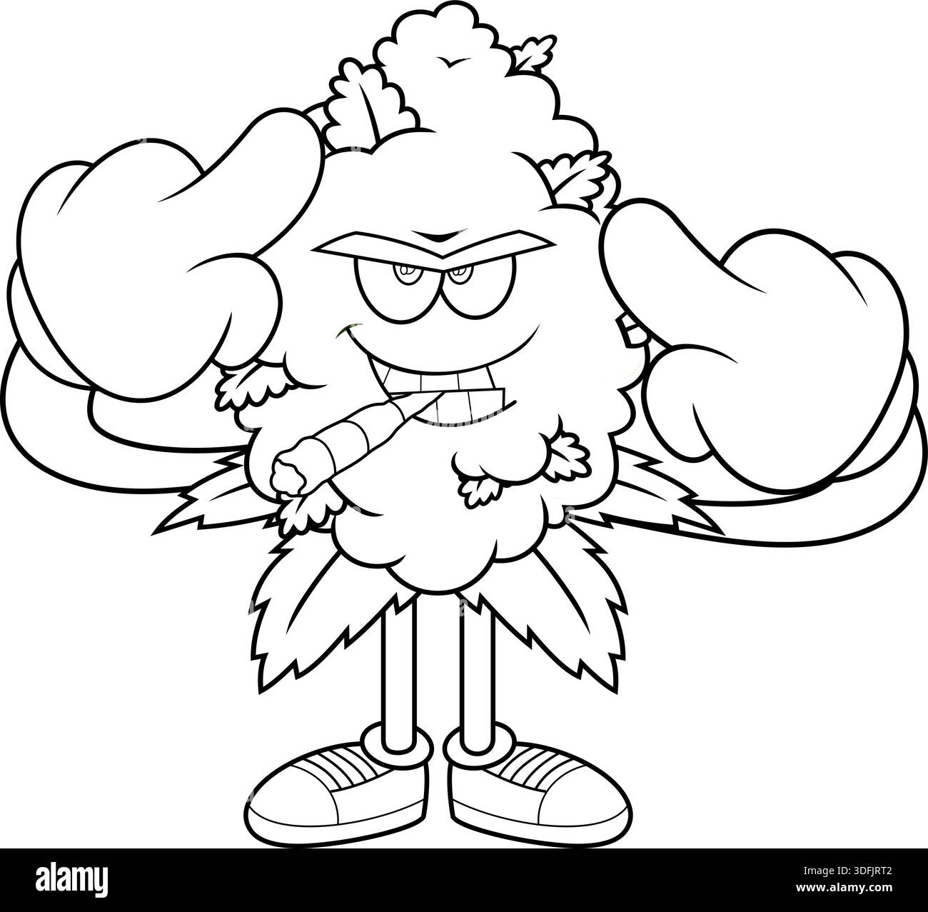 Angry marijuana Bud personnage de dessin animé avec un joint montrant le majeur noir et blanc - illustration vectorielle dessinée à la main Illustration de Vecteur