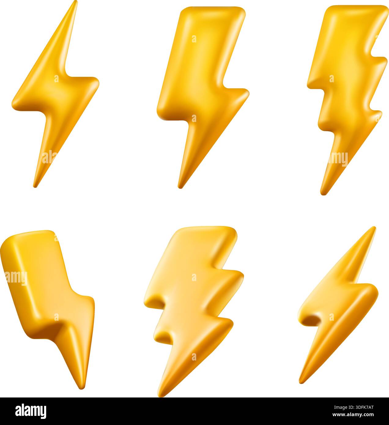Icônes en plastique brillant de boulon de foudre 3D, étincelle électrique et flash d'énergie réaliste pour bannière de chargeur de puissance, bouton d'application de jeu et tempête ou boost de vitesse Illustration de Vecteur