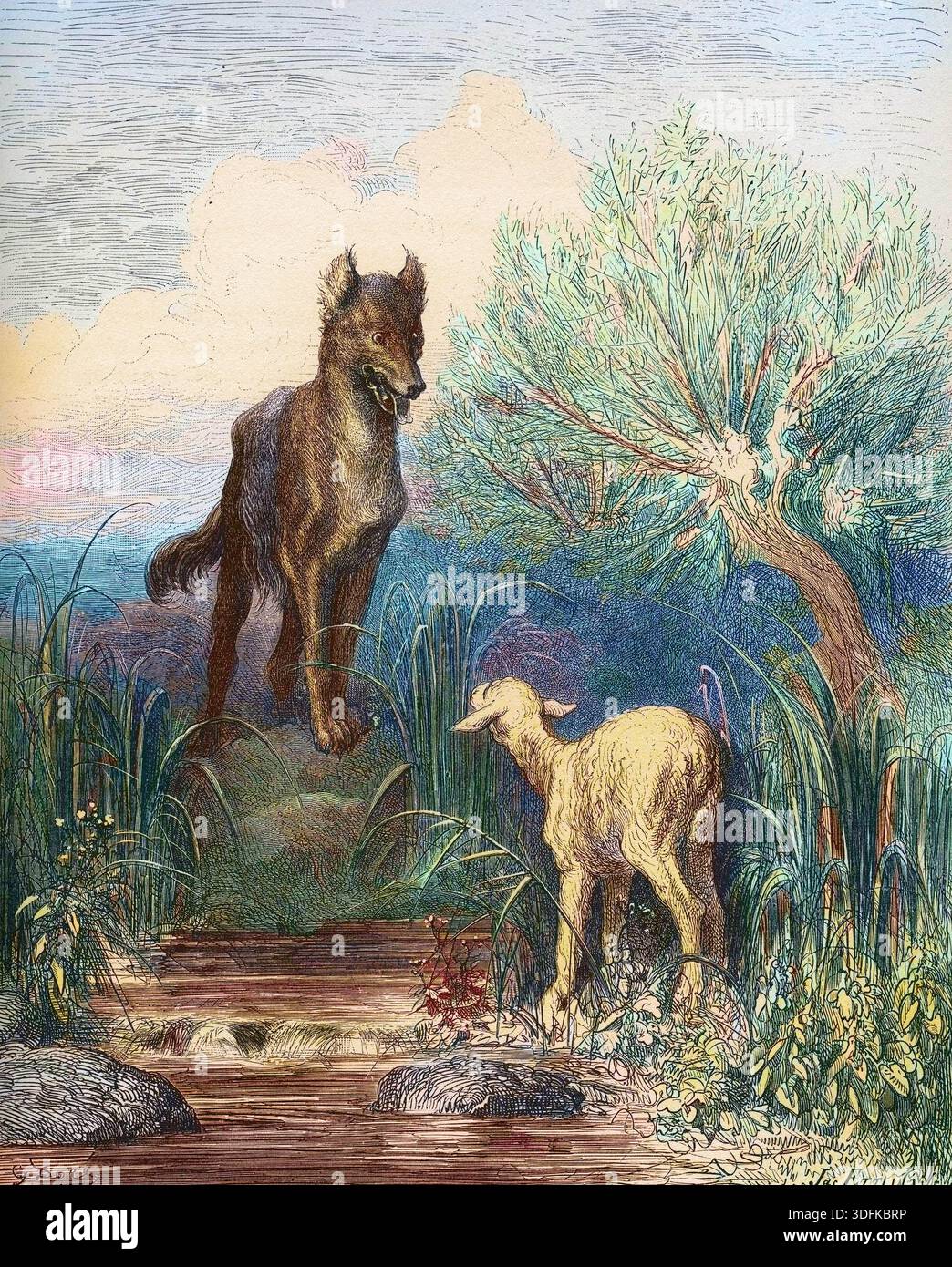 Gravure Ancienne Originale De 1869 - Le Loup Et Le Bûcheron, Scène De Chasse Avec Moutons