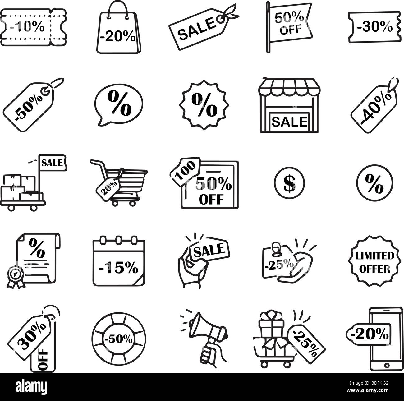 Icônes minimalistes axées sur les ventes au détail, les baisses de prix, les coupons et les remises promotionnelles. Icônes de ligne promotionnelle de rabais et de vente Illustration de Vecteur