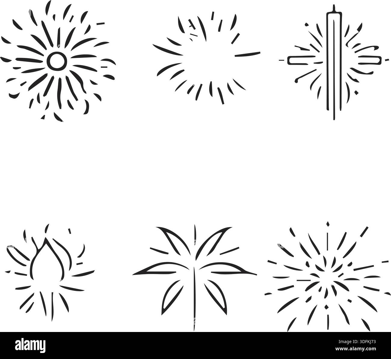 Un ensemble d'icônes de lignes fines représentant diverses formes de feux d'artifice et des expositions pyrotechniques de célébration. Illustration de Vecteur