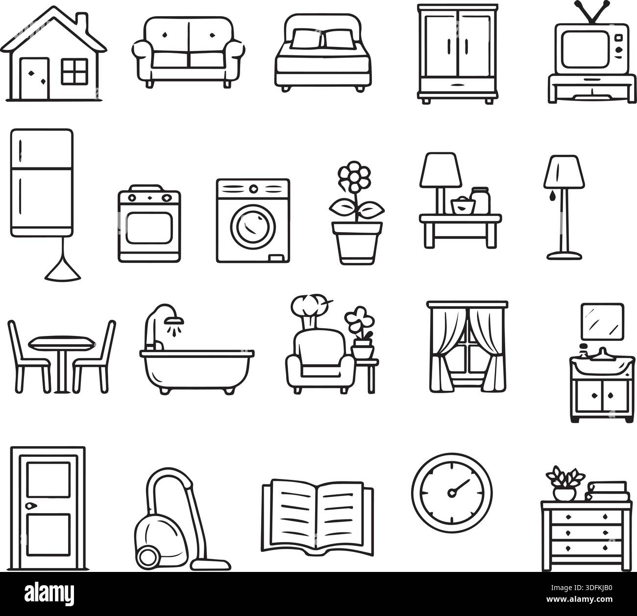 Électroménagers et icônes de ligne intérieure pour le style de vie domestique et les maisons intelligentes. Un ensemble d'icônes de ligne minimalistes pour le ménage. Illustration de Vecteur