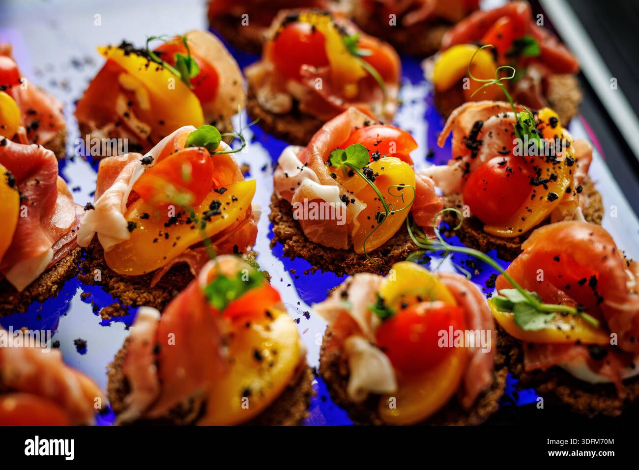 De petits canapés recouverts de prosciutto, de tomate et de légumes verts reposent sur du pain croustillant. Des couleurs et des textures éclatantes créent une présentation des aliments visuellement attrayante Banque D'Images