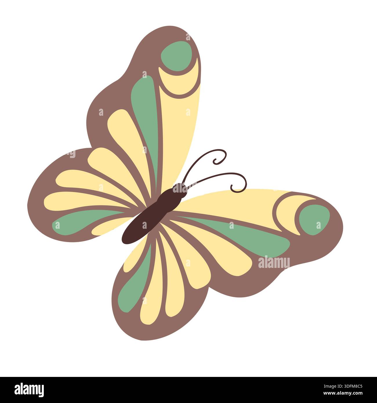 Papillon jaune avec un motif vert. Insectes volants dans un style plat. Illustration dessinée à la main. Illustration de Vecteur