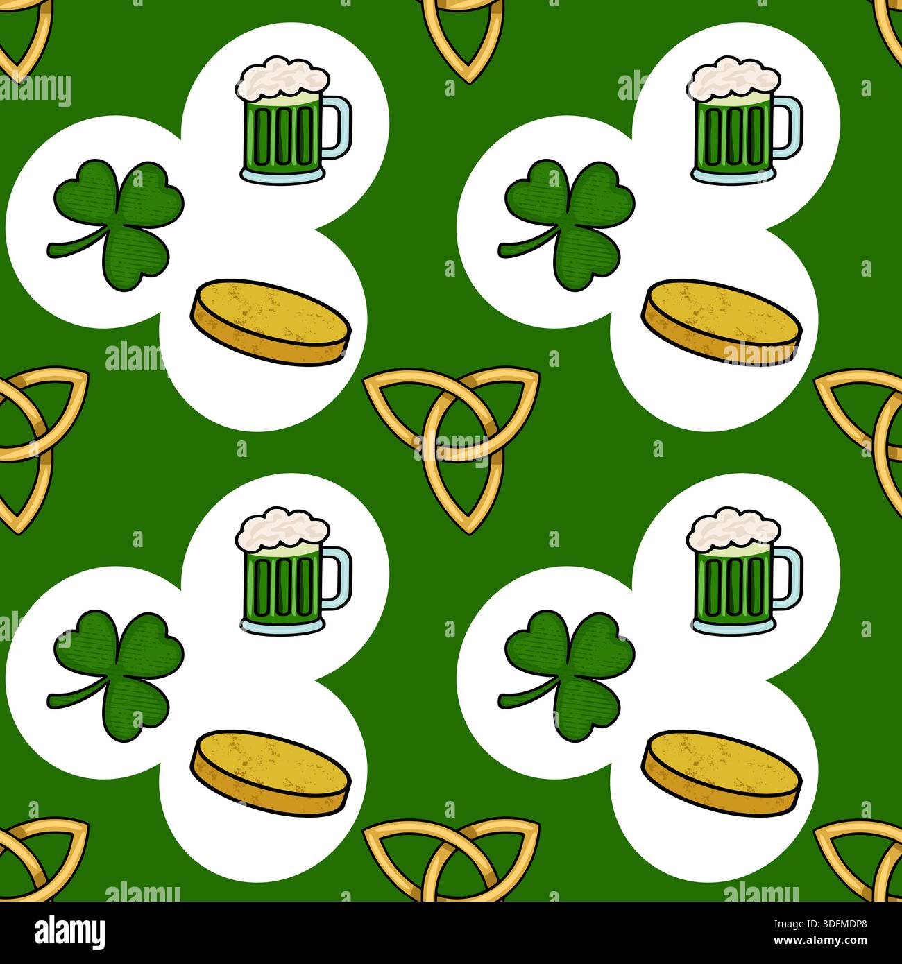 Patrick's Day vecteur modèle sans couture avec des Shamrocks, des tasses à bière, et des pièces d'or Illustration de Vecteur