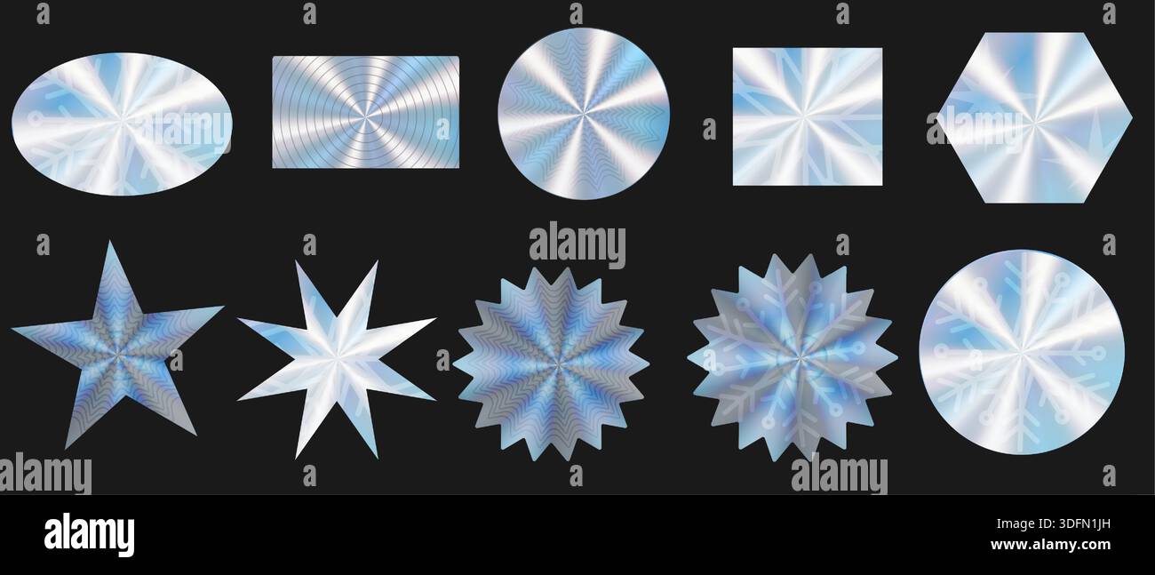 Étiquettes hologramme avec espace vide pour le texte. Illustration vectorielle. Autocollants holographiques, texture argentée pour fonds discount, éléments. Différentes formes avec texture holographique. Illustration de Vecteur