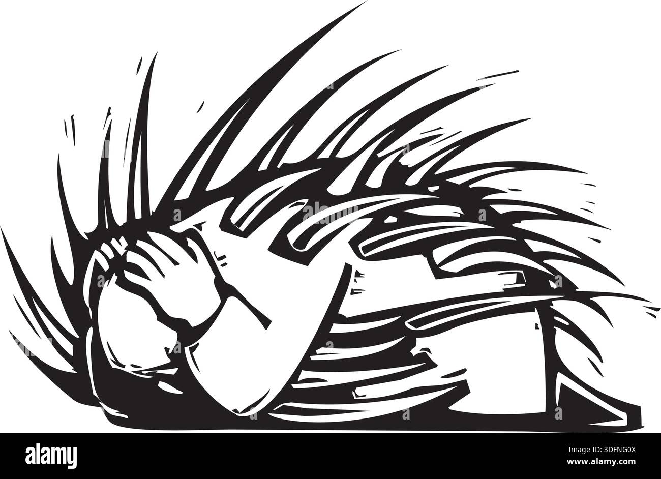 Woodcut style expressionniste image d'un homme se recroquevillant sur le terrain d'épines qui sort de lui. Illustration de Vecteur