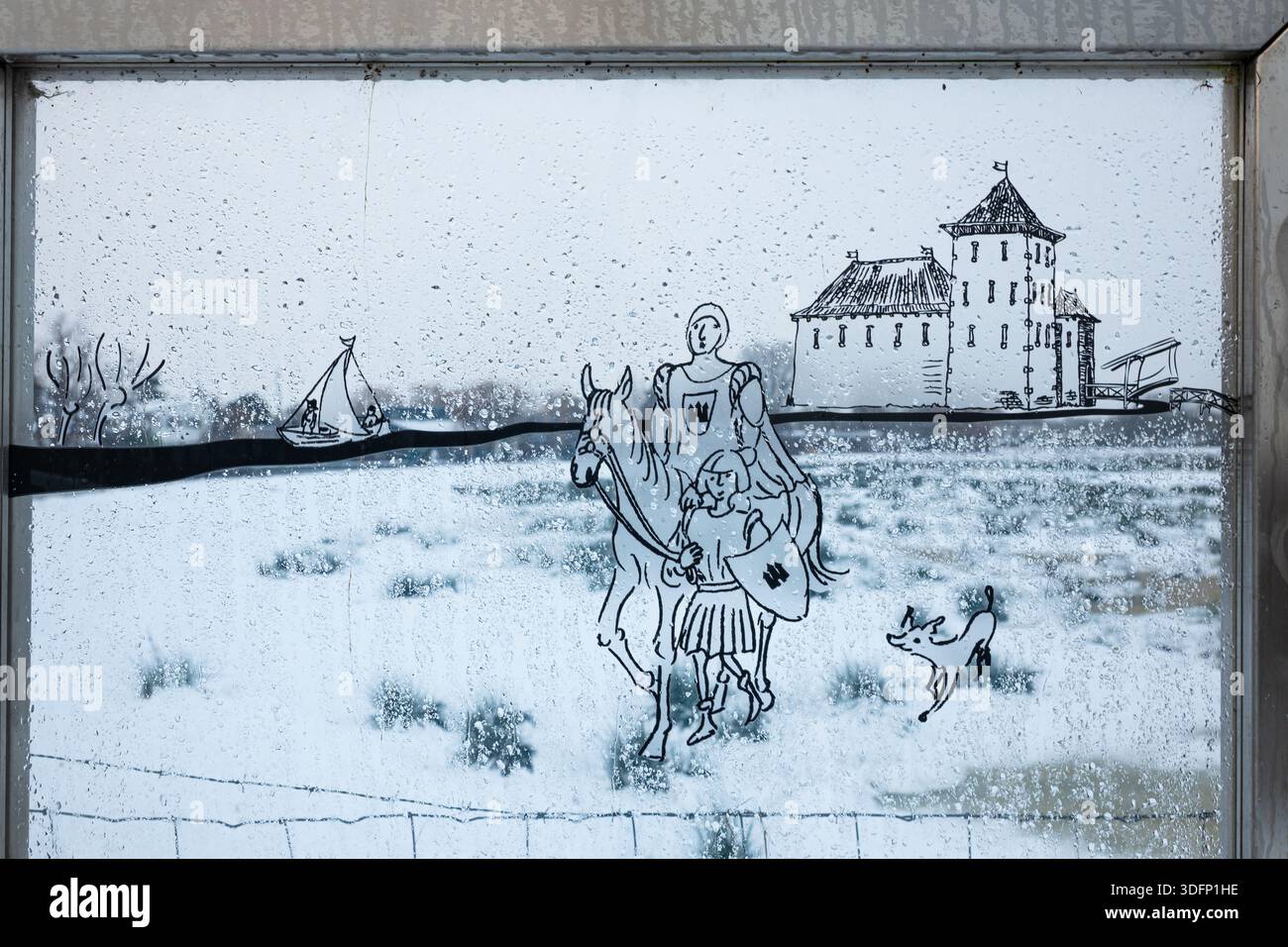 Plaque transparente avec dessin de l'ancien château de Haastrecht, pays-Bas. Quand vous regardez à travers, vous pouvez voir où le château se trouvait autrefois. Banque D'Images
