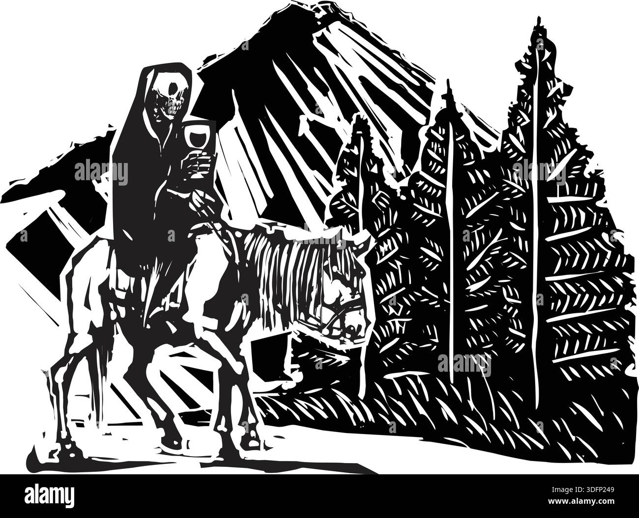 Woodcut Death à cheval sur Mountain Path. Illustration de Vecteur