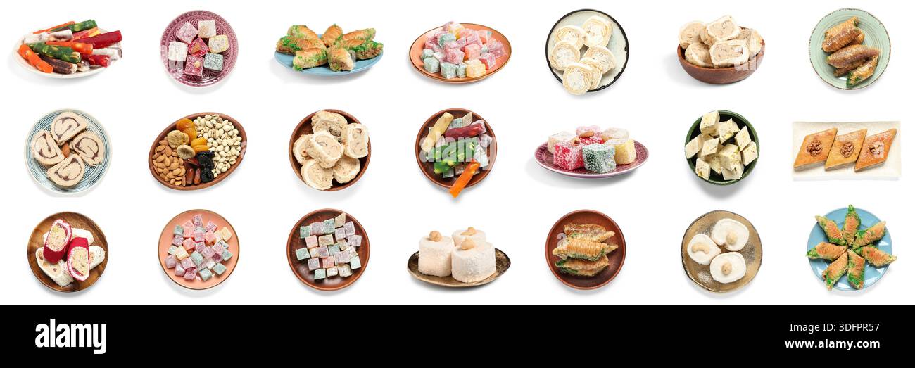 Collage de desserts turcs traditionnels sur fond blanc Banque D'Images