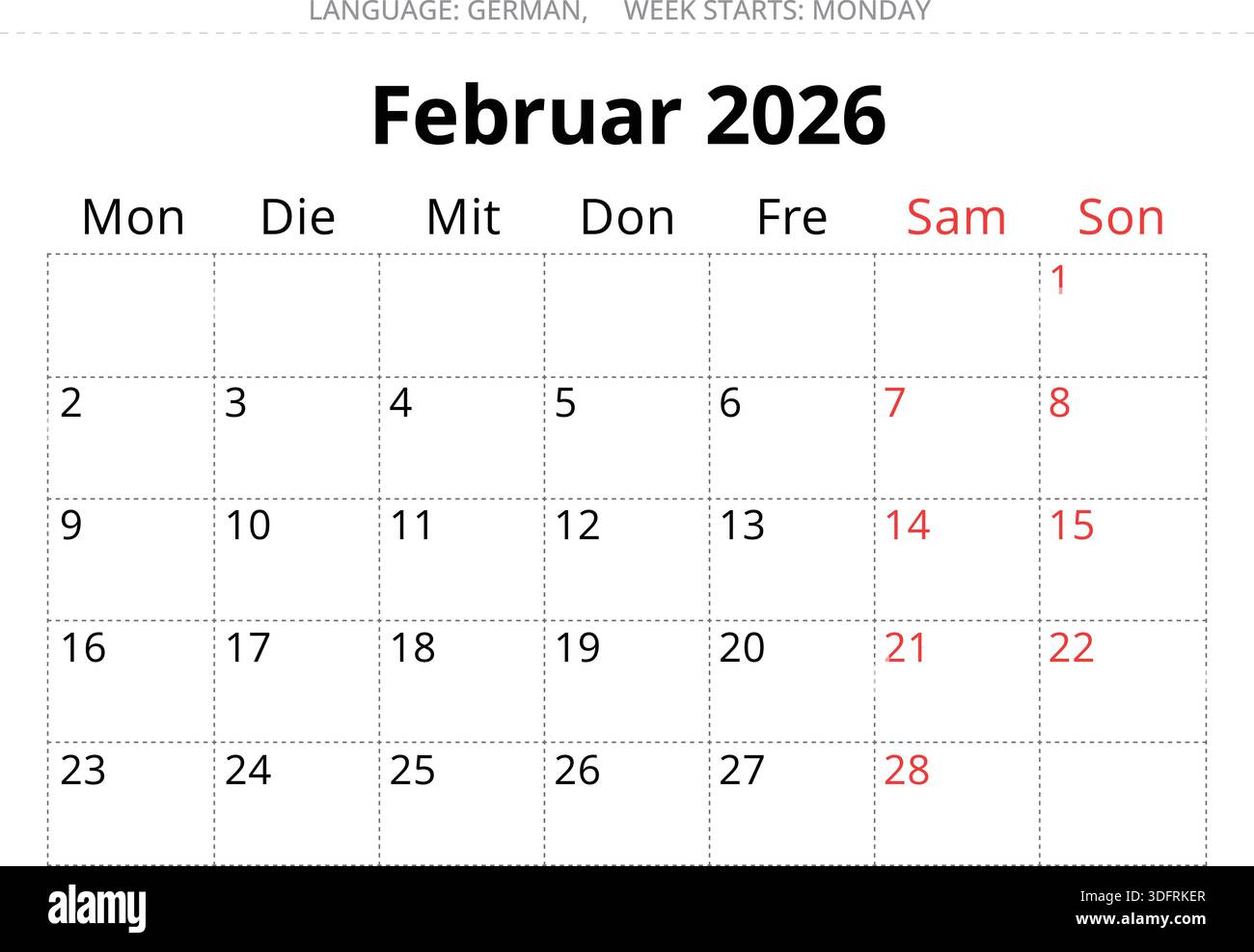 Février 2026 planificateur de calendrier allemand – Februar. Illustration vectorielle pour l'Allemagne Illustration de Vecteur