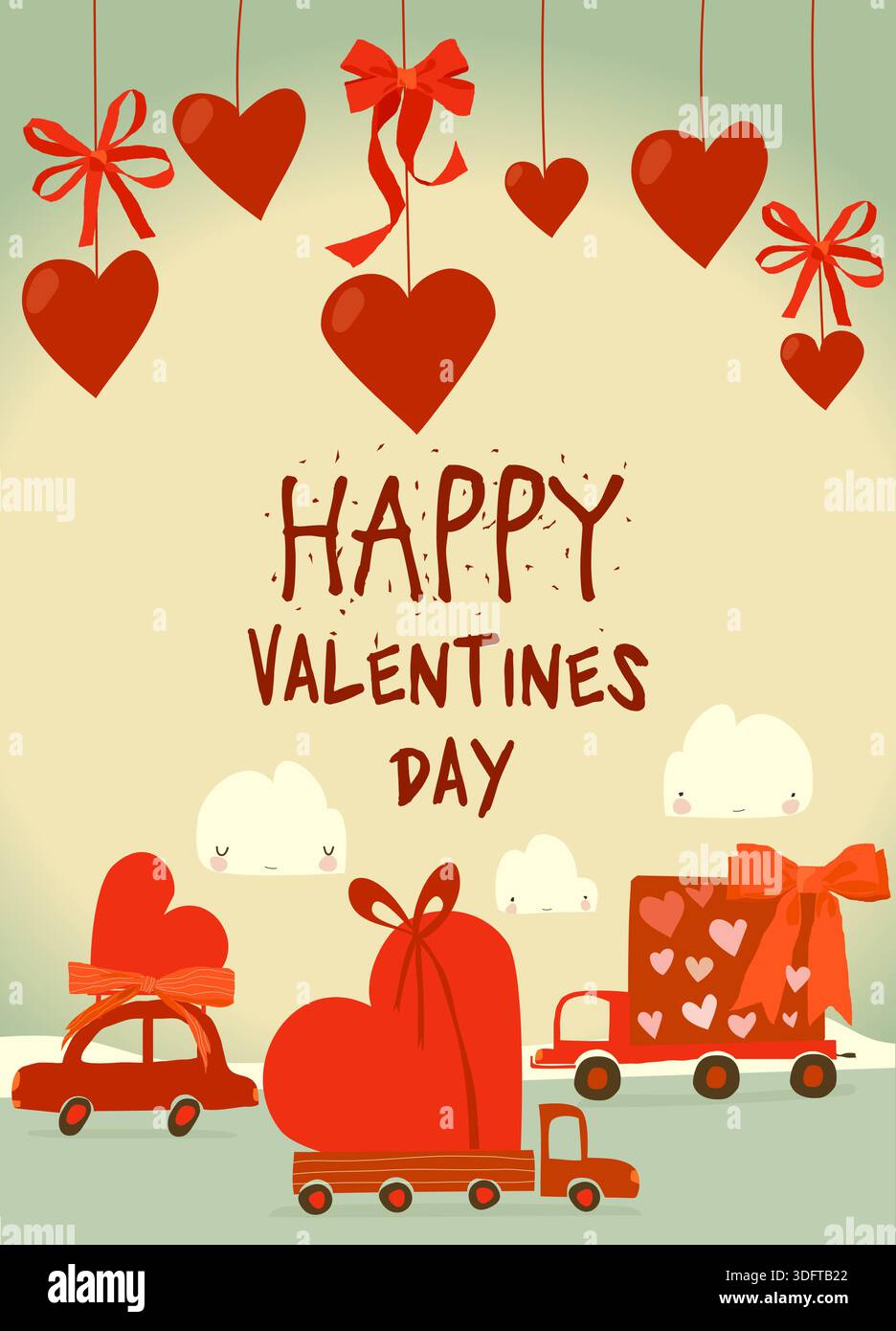 Mignonnes voitures rouges avec des cœurs. Saint-Valentin Illustration de Vecteur