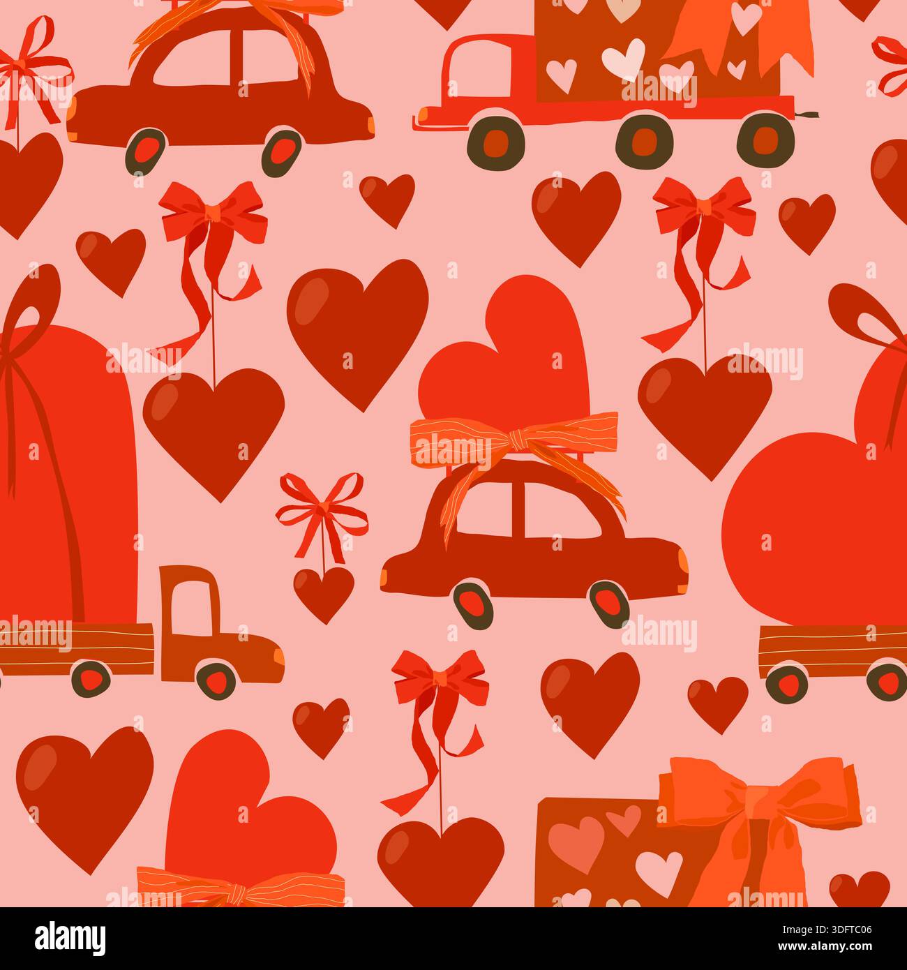 Motif sans couture avec de jolies voitures rouges avec des coeurs. Saint-Valentin Illustration de Vecteur
