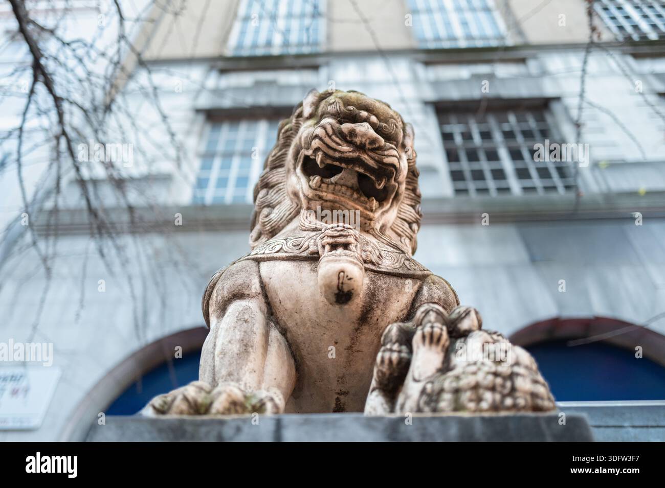 Stature de pierre de lion, China Town London, Banque D'Images