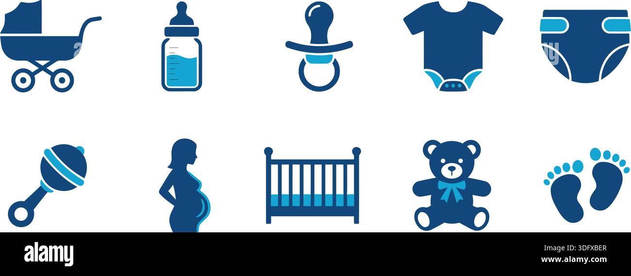 Une collection d'icônes bleues sur le thème des bébés avec une poussette, un biberon, une sucette, des vêtements et plus encore. Convient aux conceptions et projets liés aux bébés. Illustration de Vecteur