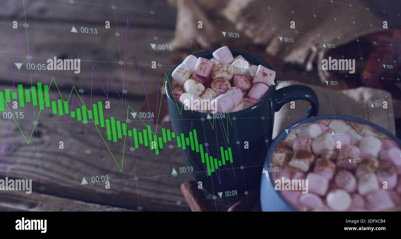Assis deux tasses en céramique avec du chocolat chaud et des guimauves sur la table en bois, montrant les graphiques du marché Banque D'Images