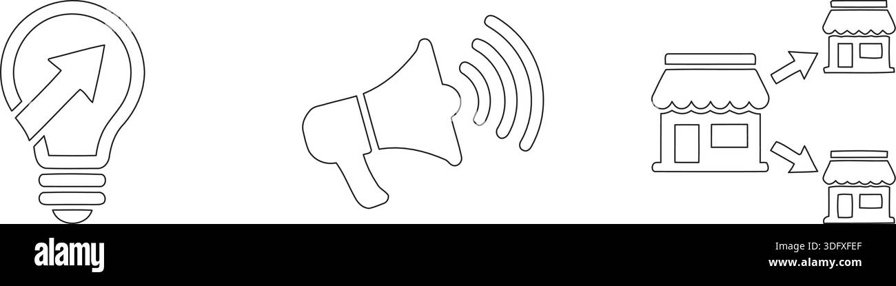 Dessin au trait minimaliste représentant la croissance, le marketing et l'expansion de l'entreprise avec une ampoule, un mégaphone et des vitrines. Illustration de Vecteur