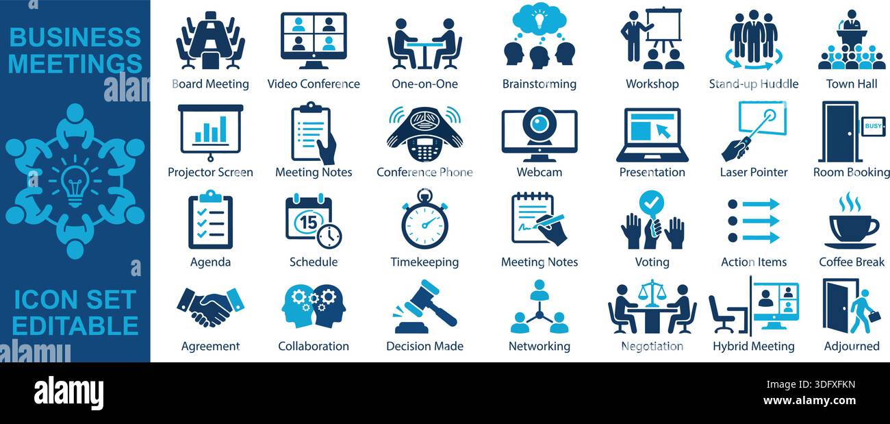 Jeu d'icônes vectorielles modifiables illustrant les principaux formats de réunion d'entreprise, les processus de bureau et les méthodes de collaboration d'entreprise. Utile pour les infographies. Illustration de Vecteur