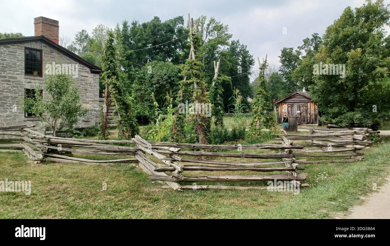 Morrisburg, ON, Canada - 3 août 2025 : Maison classique en pierre avec clôture traditionnelle en rail fendu bordant un jardin patrimonial à Upper Canada Village Banque D'Images