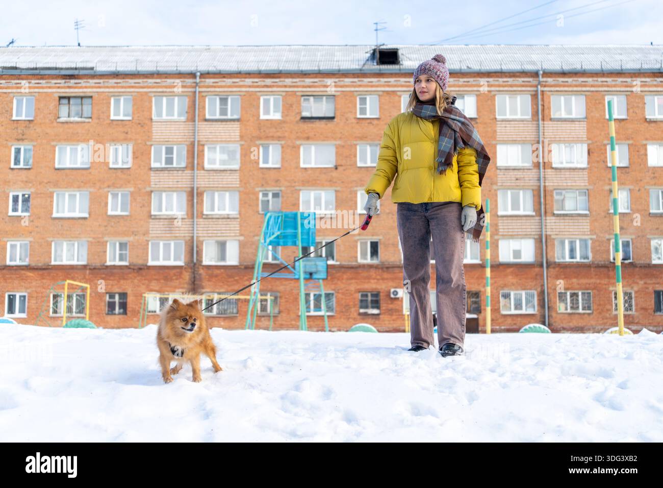 Une femme dans un manteau d'hiver marchant un petit poméranien orange moelleux (spitz) en laisse dans un parc de la ville pendant l'hiver. Banque D'Images