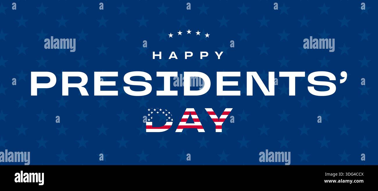 Bannière de la fête du président avec texte « Happy Presidents Day » sur motif bleu étoile sans couture, texte lettré avec drapeau américain, templa de conception de carte de la fête du président Illustration de Vecteur