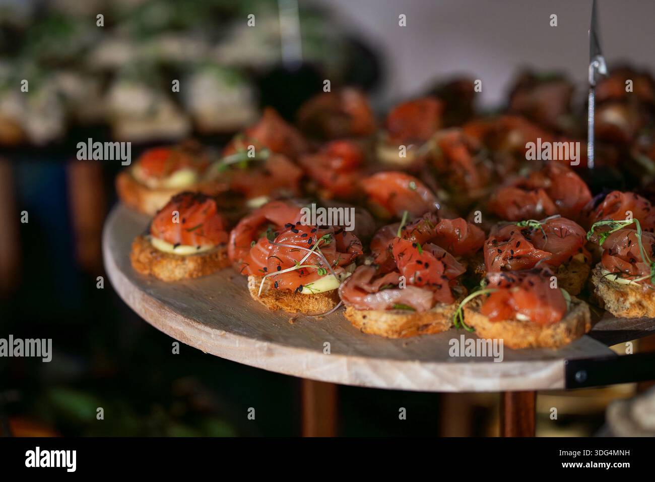 Élégants hors-d'œuvre gravlax servis sur du pain grillé rond, garni de pousses fraîches et de graines de sésame lors d'un buffet festif. Banque D'Images