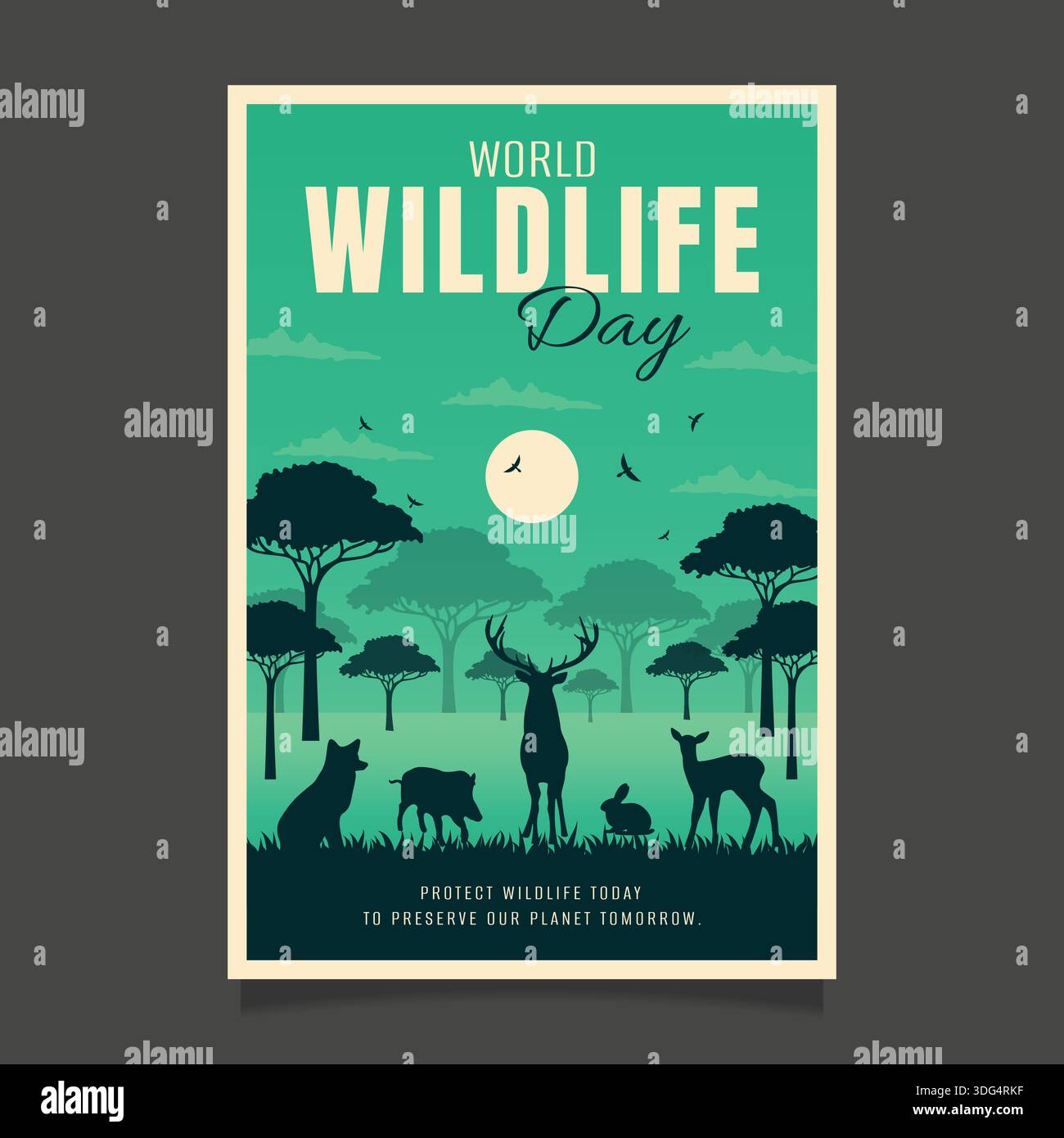 Affiche verticale de la Journée mondiale de la vie sauvage avec silhouettes d'animaux forestiers renard et lapin dans les bois. Illustration de Vecteur