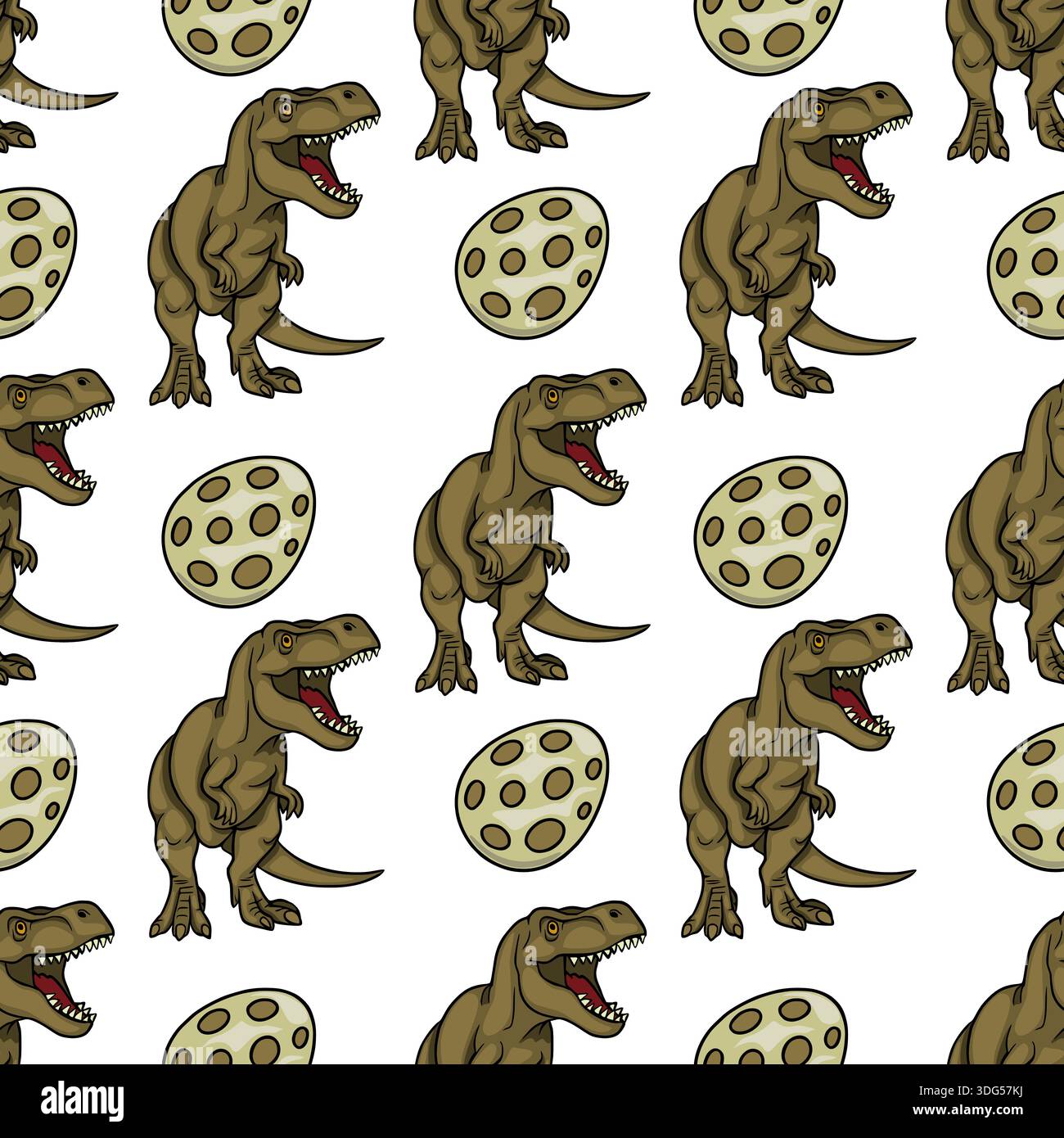 Motif vectoriel sans couture d'un dinosaure rugissant Tyrannosaurus Rex et d'œufs tachetés, parfait pour le décor des enfants. Illustration de Vecteur
