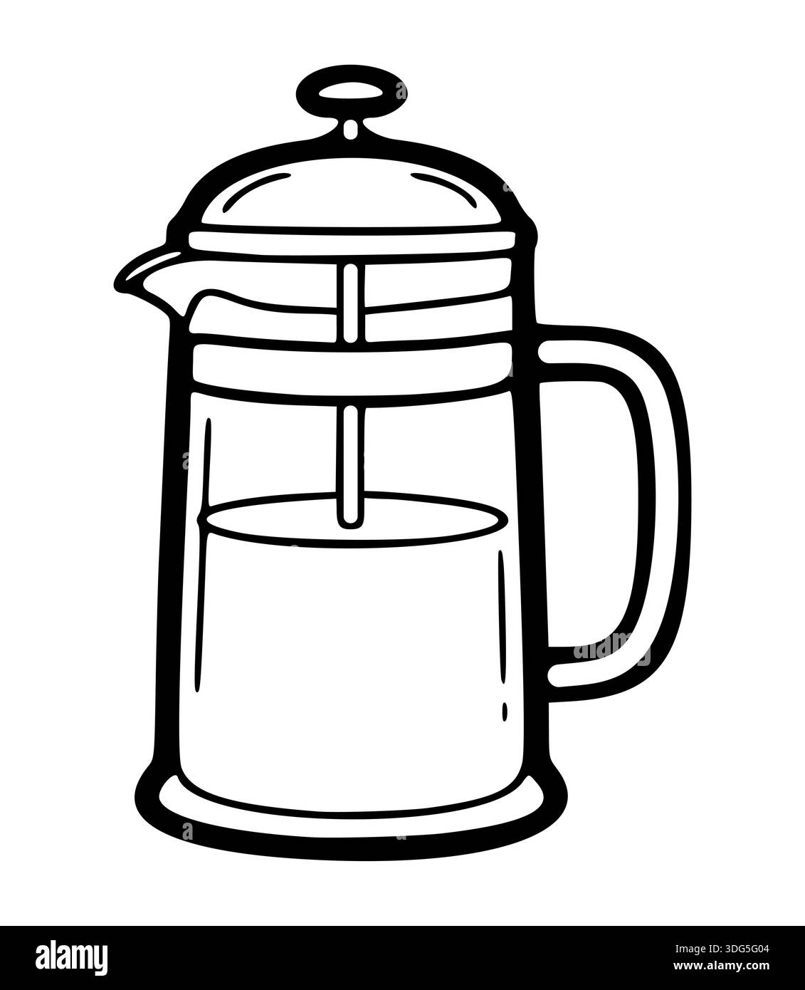 Un vecteur d'art minimaliste en noir et blanc d'une cafetière à presse française classique, également connue sous le nom de cafetière. Illustration de Vecteur