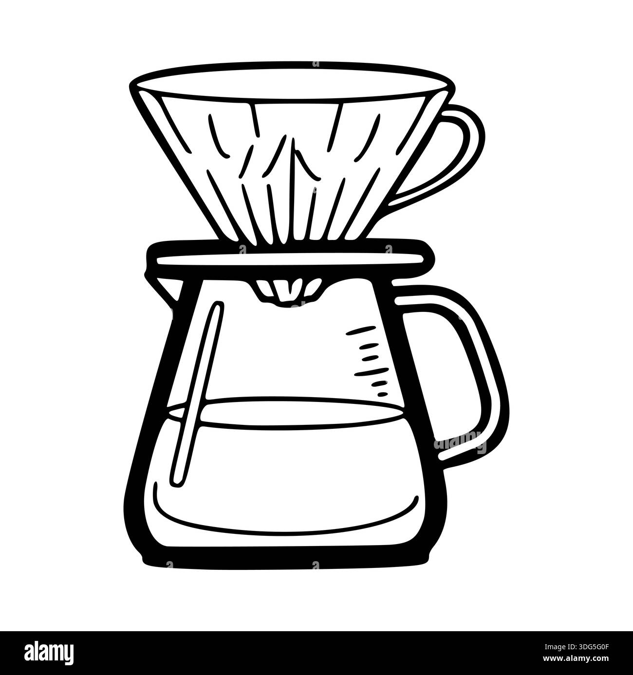 Illustration épurée et minimaliste en noir et blanc d'un ensemble de préparation manuelle du café à verser, avec goutteur en céramique ou en verre. Illustration de Vecteur
