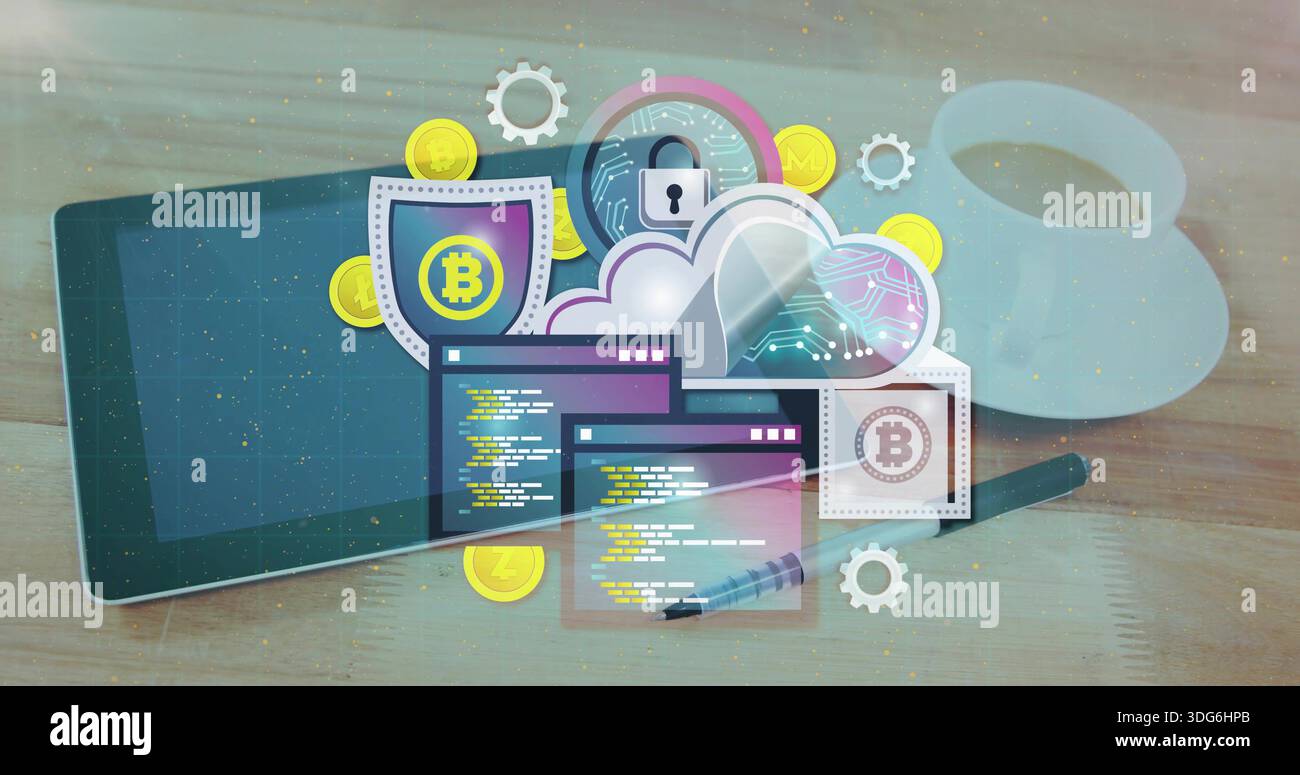 Montrant l'art de la sécurité crypto sur tablette à la table en bois avec des pièces bitcoin, cadenas, tasse, stylo Banque D'Images