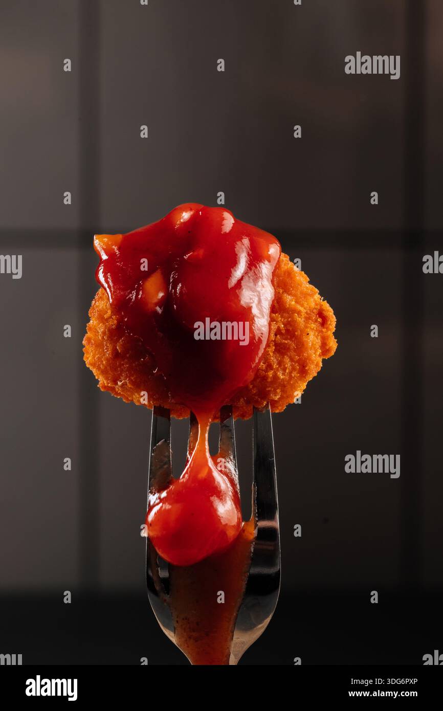 Une pépite croustillante est percée sur une fourchette avec une cuillère de ketchup, prête à manger. Banque D'Images