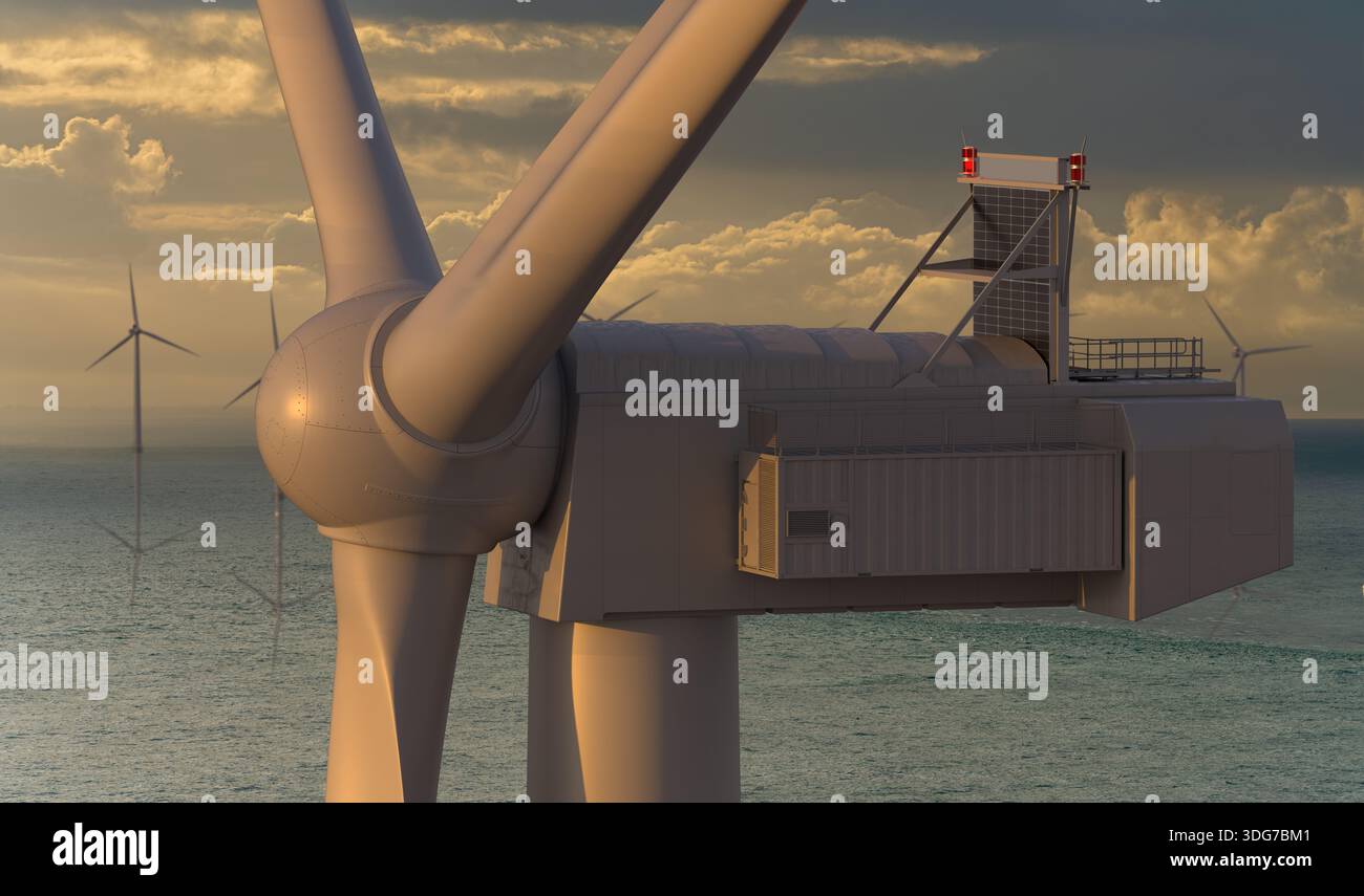 conception d'eolienne offshore de grande puissance. illustration 3d. Banque D'Images
