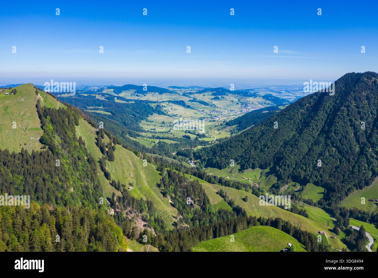 Une vue aérienne panoramique capture le fond de la vallée luxuriante et verdoyante niché entre les collines ondulantes des Alpes suisses, mettant en valeur la beauté étonnante de la Re Banque D'Images