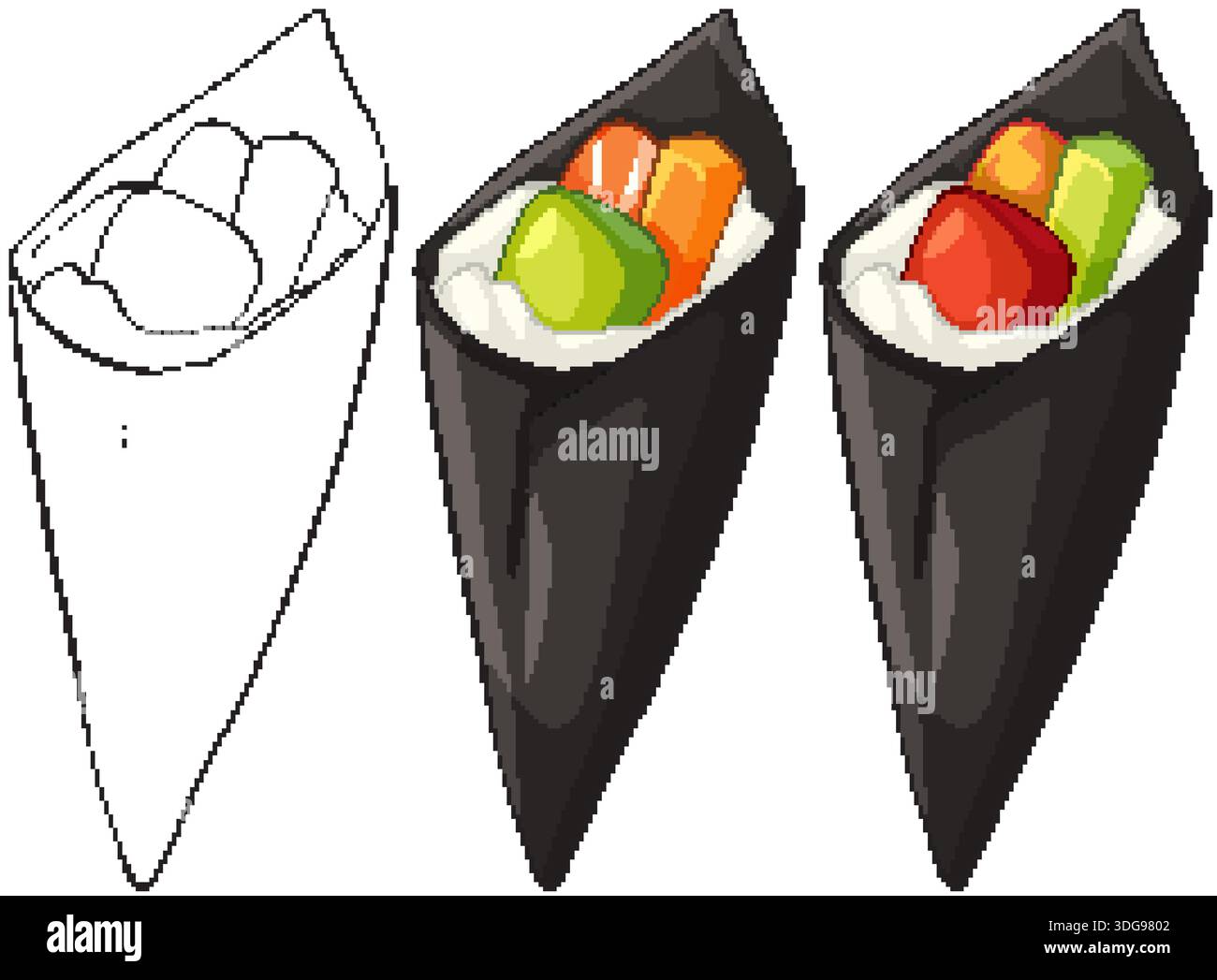 Trois rouleaux de main de sushi vectoriels présentés dans le contour, la couleur plate et les styles de dessin animé ombré Illustration de Vecteur