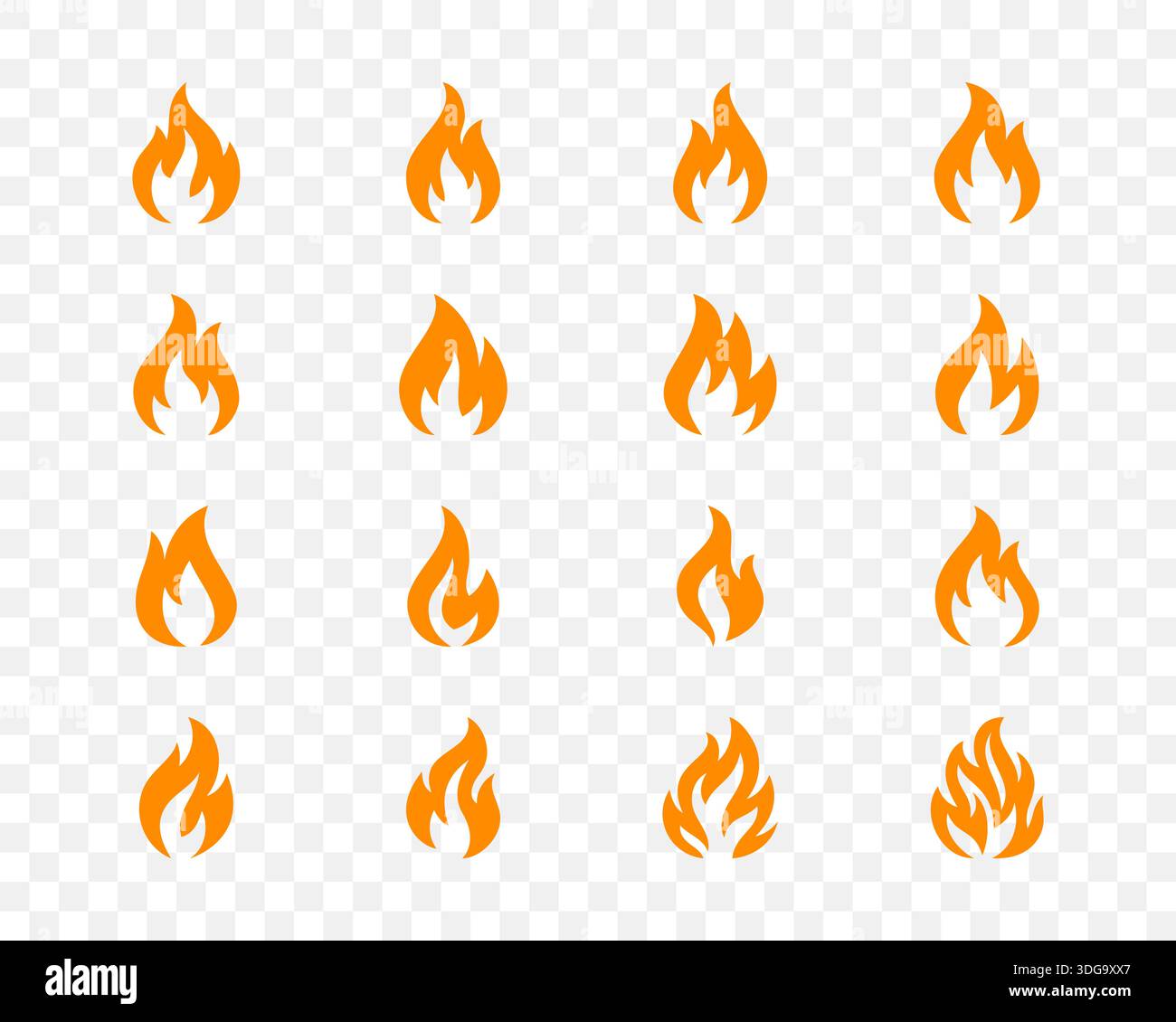 Ensemble de 16 icônes de flamme orange isolées sur fond transparent. Silhouettes de feu vectoriel pour la conception de l'énergie, du produit chaud et de la sécurité des risques Illustration de Vecteur