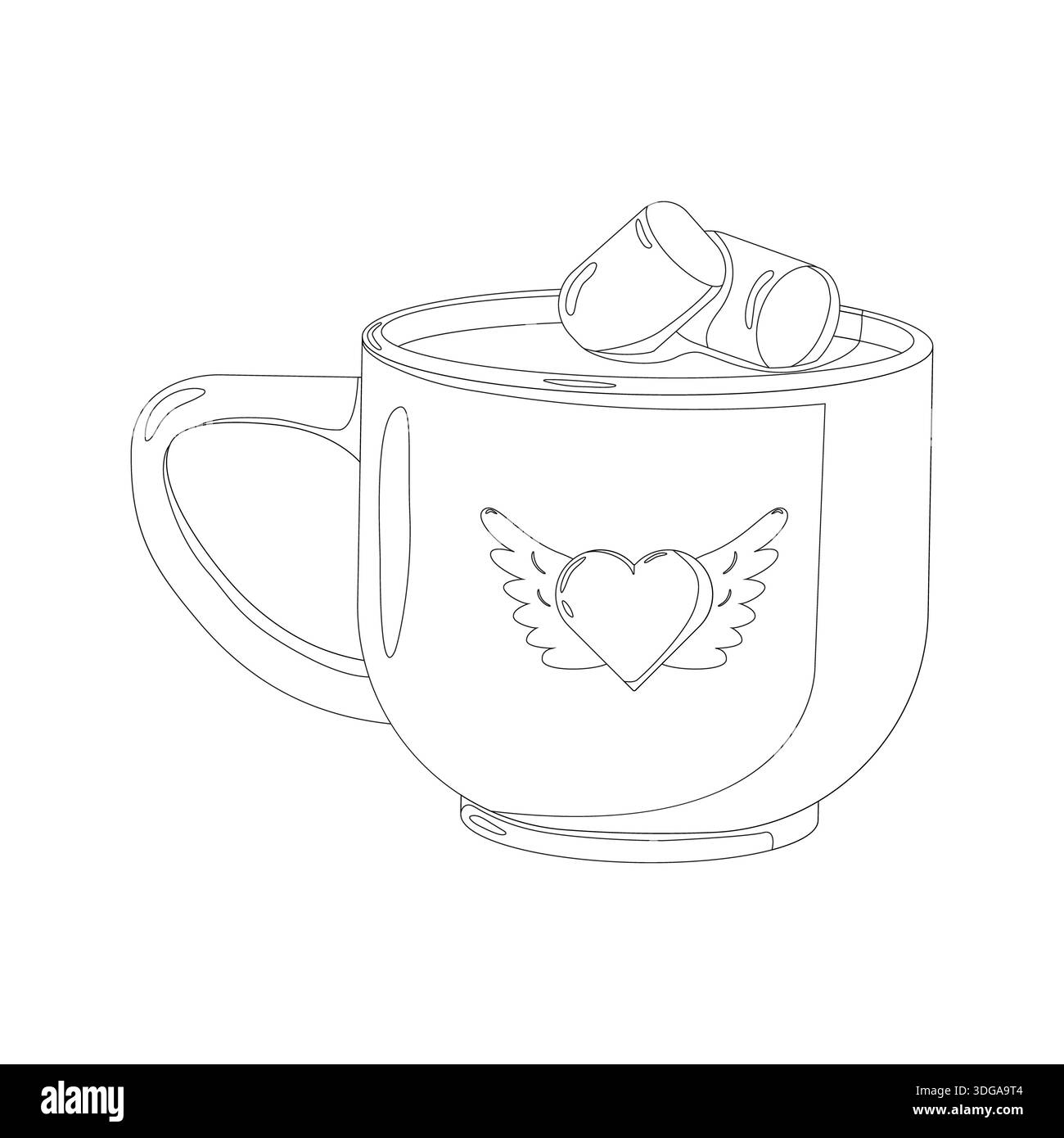 Dessin au trait noir et blanc d'une tasse avec guimauves et motif coeur ailé. Idéal pour l'artisanat de la Saint-Valentin, les pages à colorier sur le thème confortable, et rom Banque D'Images